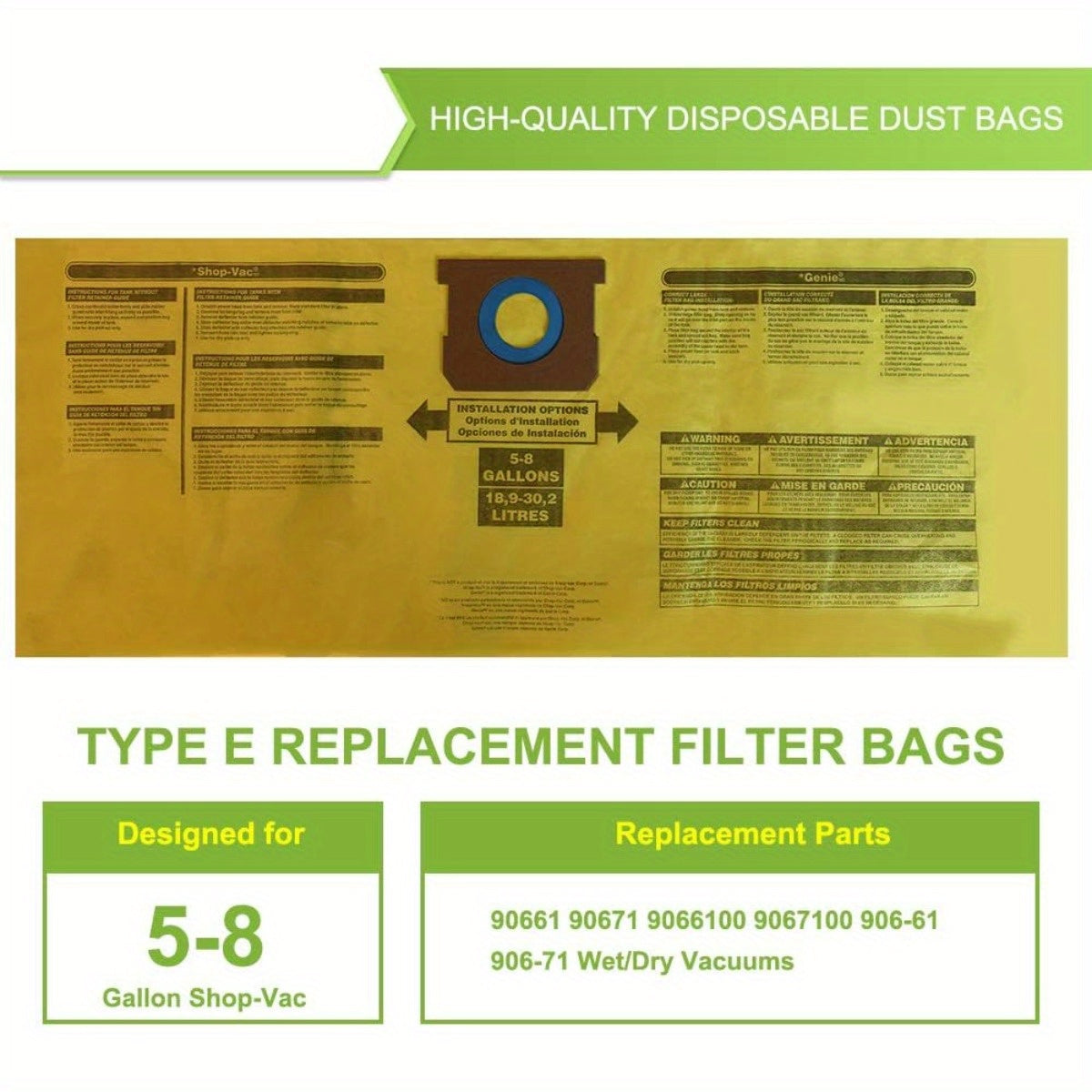 Uy va oshxona changyutgichlari uchun yuqori sifatli bir martalik chang to'plovchi sumkalar - 3 ta Type E almashtirish filtr sumkasi, 18.93-30.28 L sig'im, nam/quruq do'kon changyutgichlari bilan mos keladi, model raqamlari 90661 va 9066100.