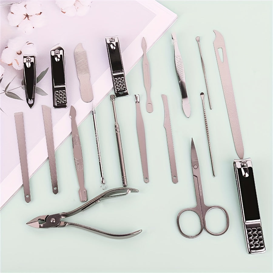19-Piece Stainless Steel Nail Care Set for Manicures and Pedicures with Clippers Files and Grooming Tools
