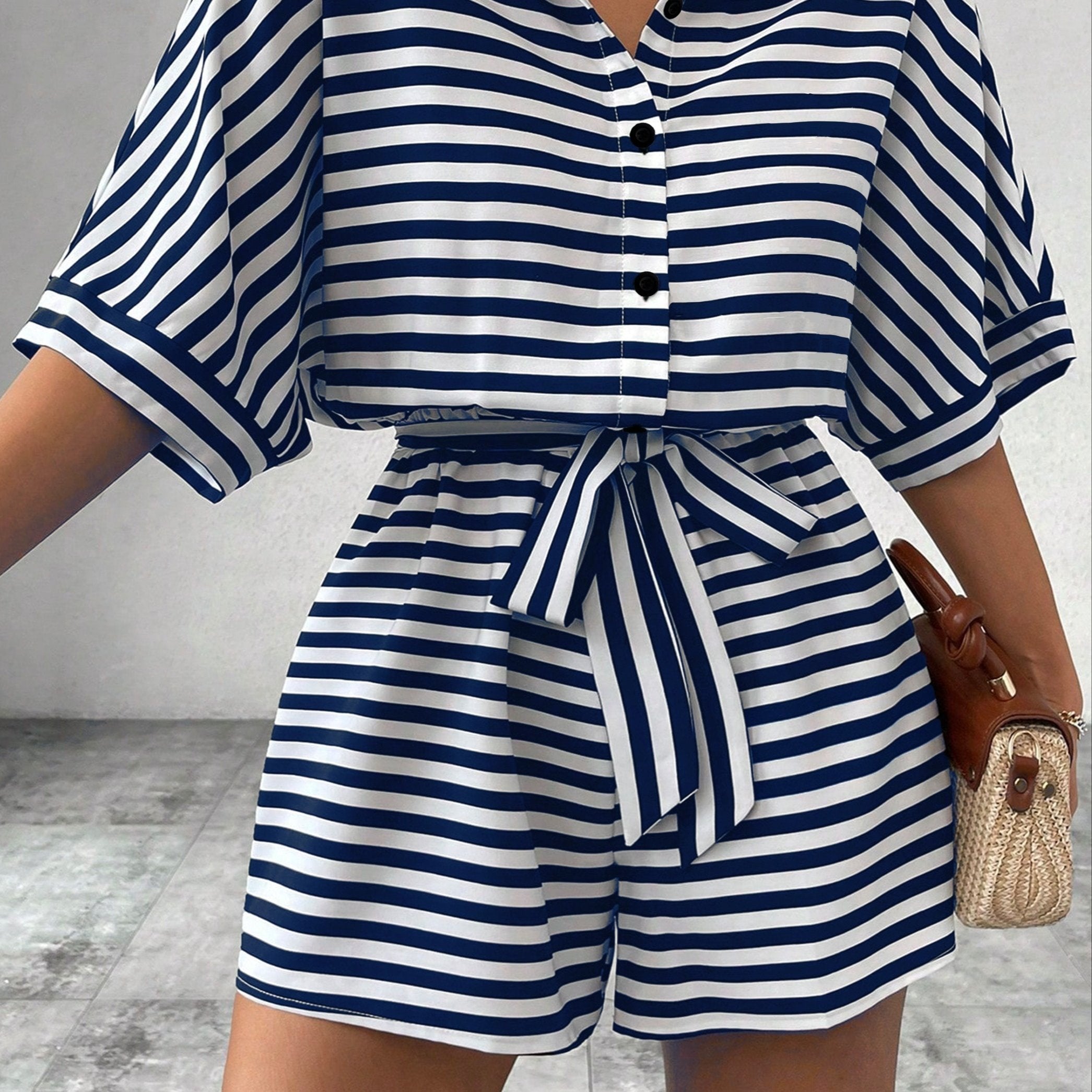 Women's Striped Button Front Romper Jumpsuit with Belt Short Sleeve Spring Summer