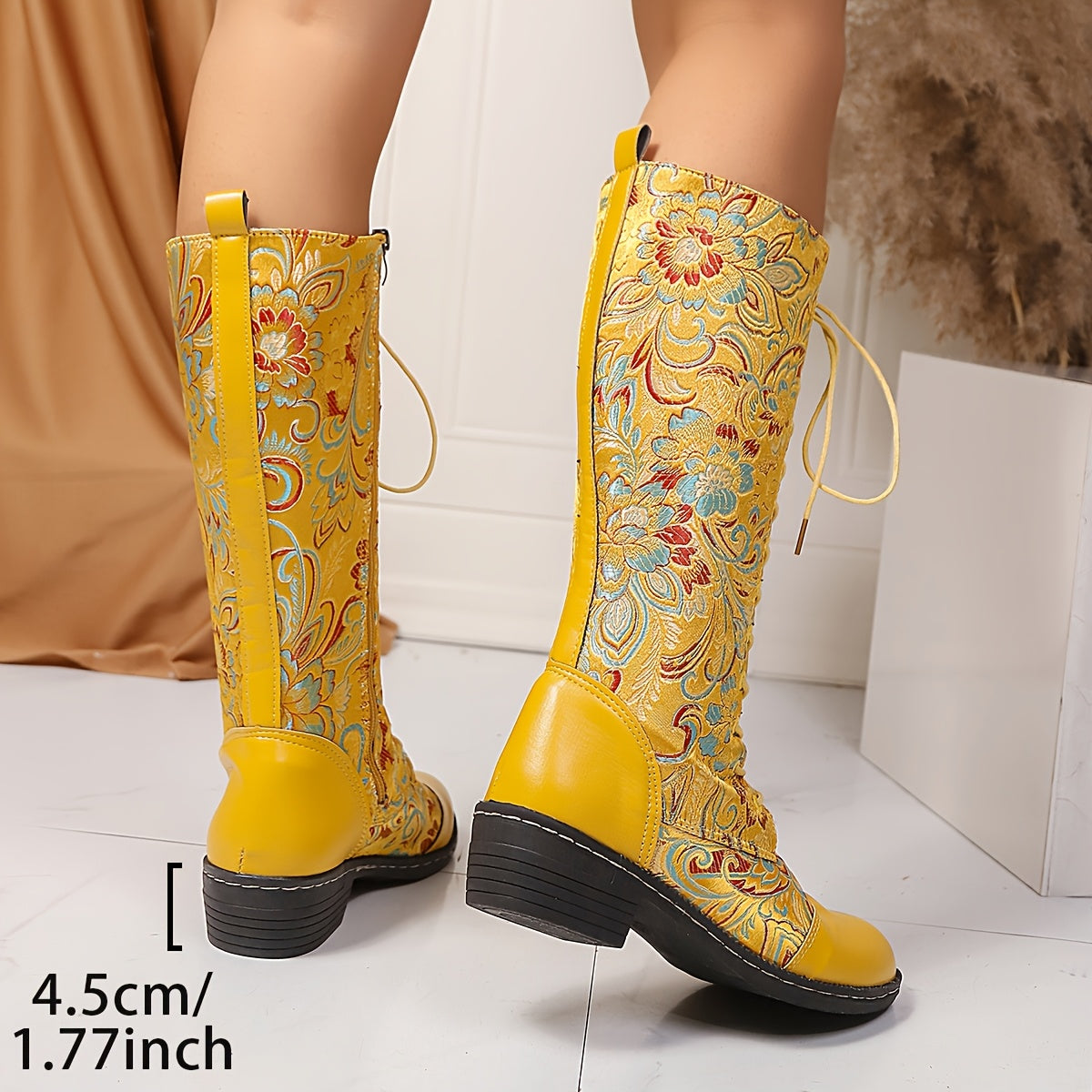 Women's Floral Print Knee-High Chelsea Boots with Side Zipper All-Season