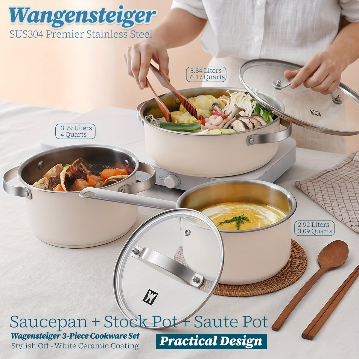 Stainless Steel Cookware Set with Ceramic Finish for Induction and Electric Stoves