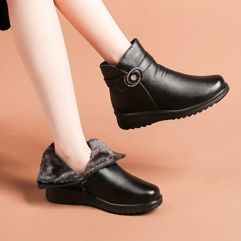 Mid-Aged Women's Fleece-Lined Short Ankle Boots Winter Warmth