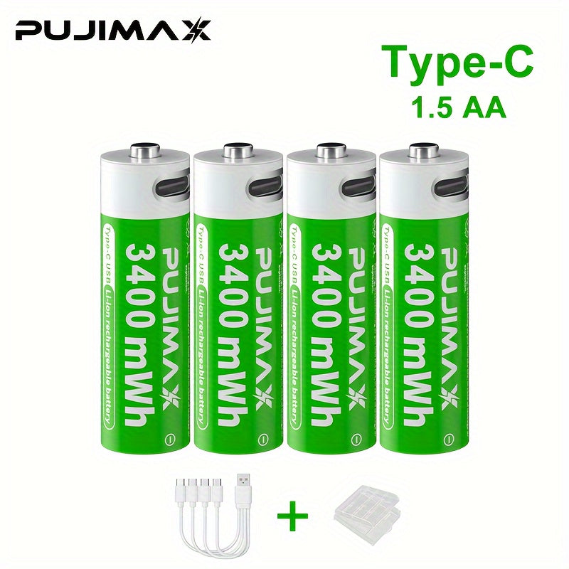PUJIMAX AA 3400mWh Lityum Batareya, 1.5V Type-C Zaryadlash bilan, 1500+ Uzoq Umr, USB Kabeli va Zaryadlovchi Quti bilan birga, Elektron O'yinlar va O'yinchoqlar uchun Ideal, Portativ Zaryadlovchi