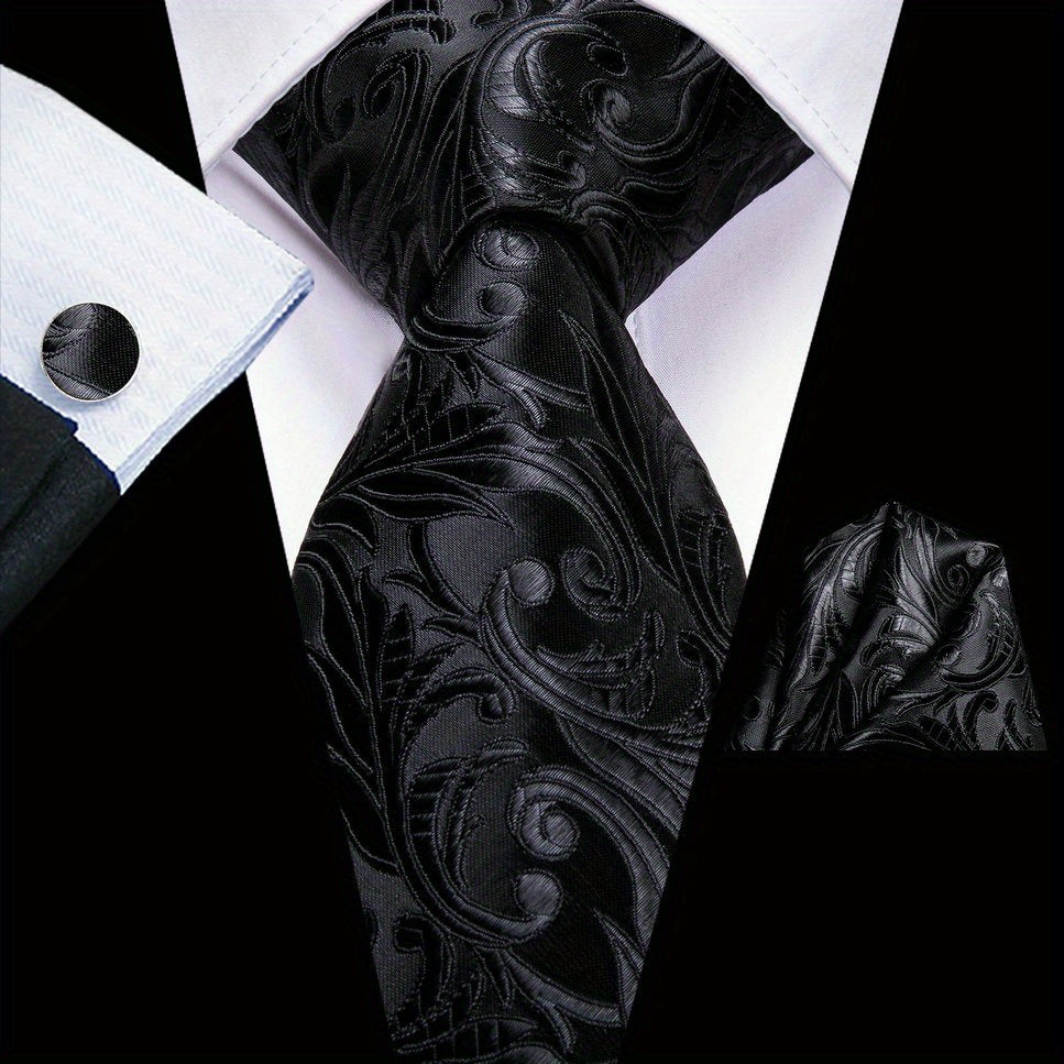 Men's Classic Necktie Set 160cm with Matching Hanky and Cufflinks for Business and Formal Events