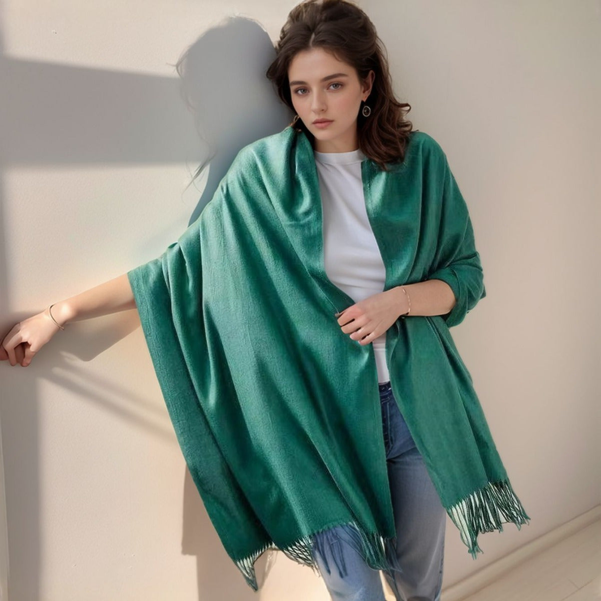 Cashmere-Feel Boho Tassel Scarf for Fall Winter Solid Colors Windproof Stylish