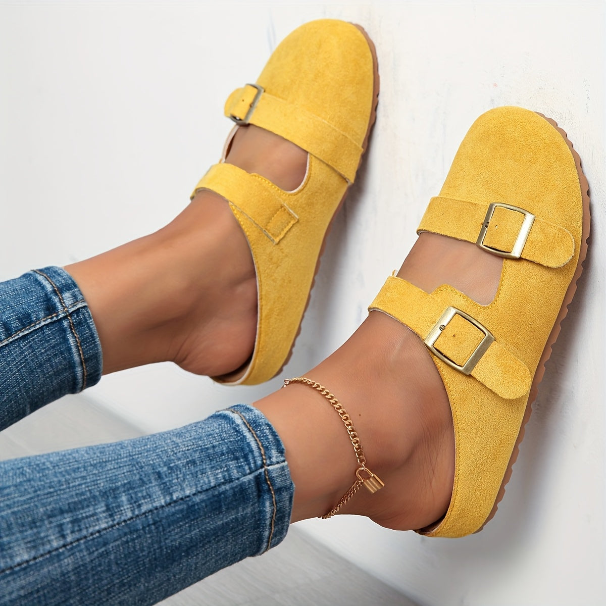 Women's Pink Slip-On Mules with EVA Sole and Gold Buckle Straps