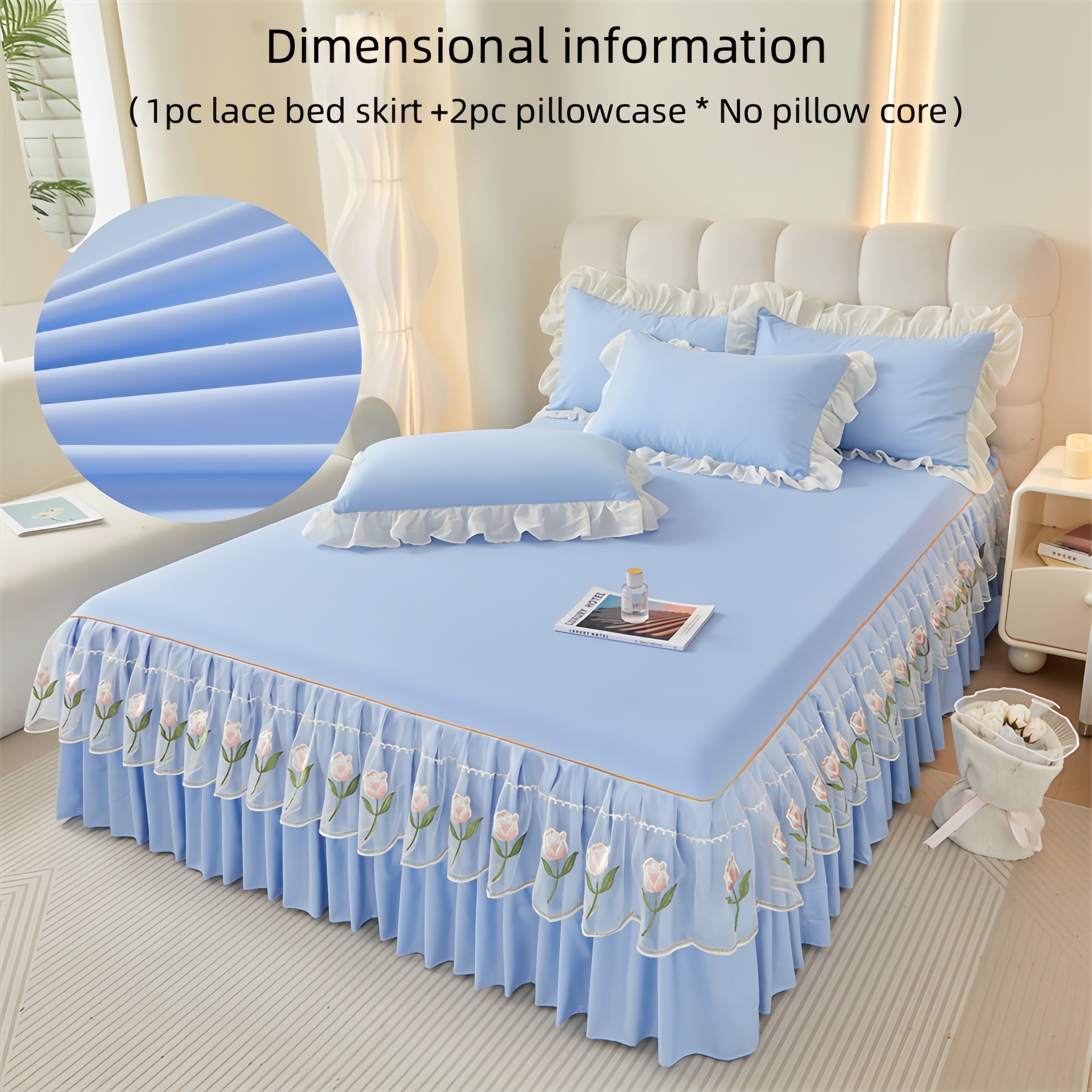 3pcs Embroidered Bed Skirt Set with Rose Lace Ruffles Polyester Includes Lace Bed Skirt and Lotus Leaf Pillowcases for Bedroom Guest Room