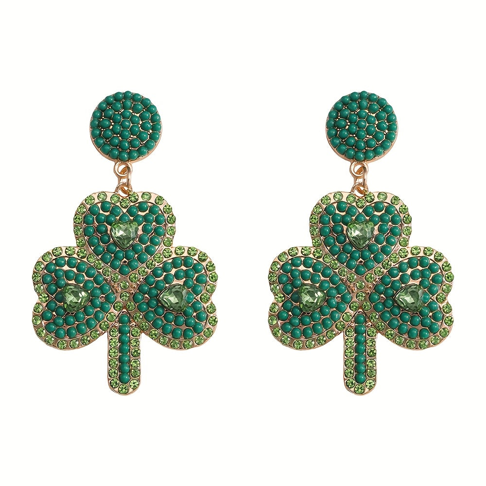 Green Clover Earrings for Women Beaded Rhinestones St. Patrick's Day Jewelry