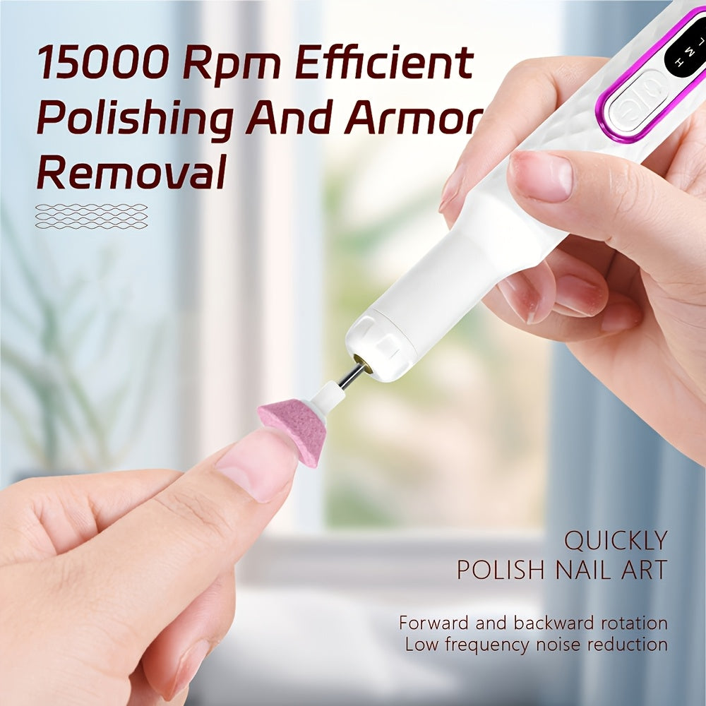 USB orqali zaryadlanadigan manikyur maydalagich to'plami, uchta sozlanadigan rejim va bir nechta ajratiladigan maydalash boshlariga ega.