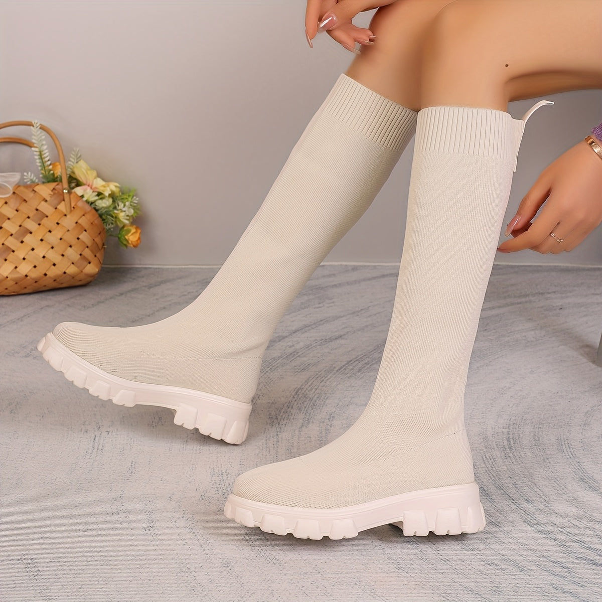 Women's Knee-High Sock Sneakers Black Platform Boots Breathable Fabric