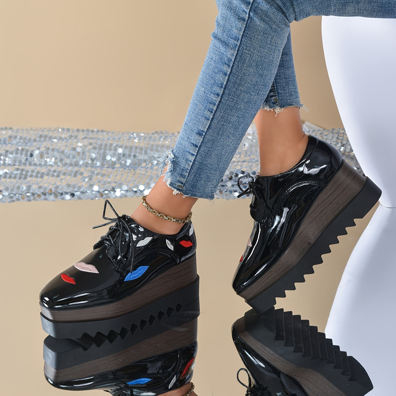 Women's Punk Platform Mary Jane Shoes Black Faux Leather Chunky Heel Lace-Up All-Season Sneakers