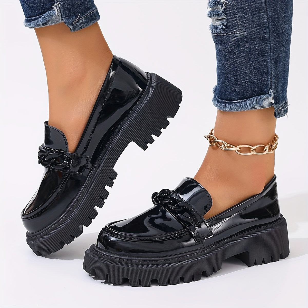 Women’s Black Loafers with Bow Slip-On Platform Casual Shoes