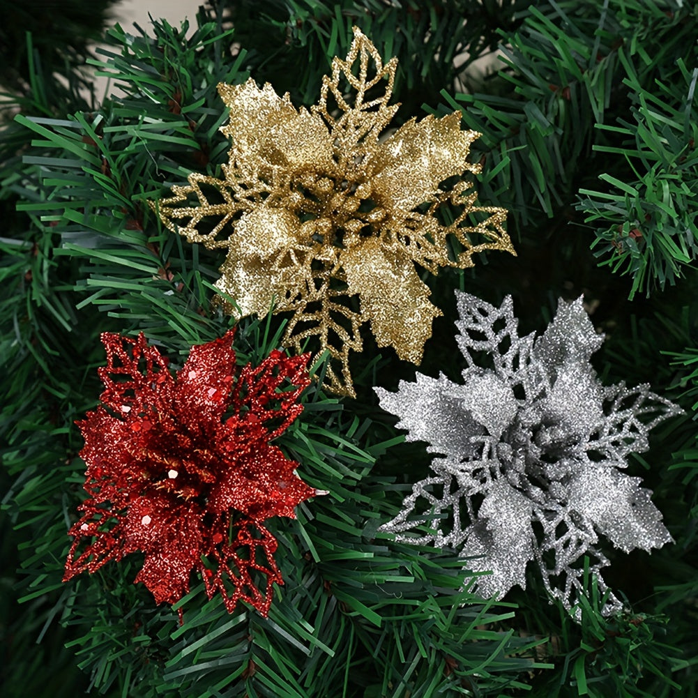 Conjunto de flores artificiales de Navidad, 10 piezas, adornos de árbol de 9cm con purpurina para decoración navideña