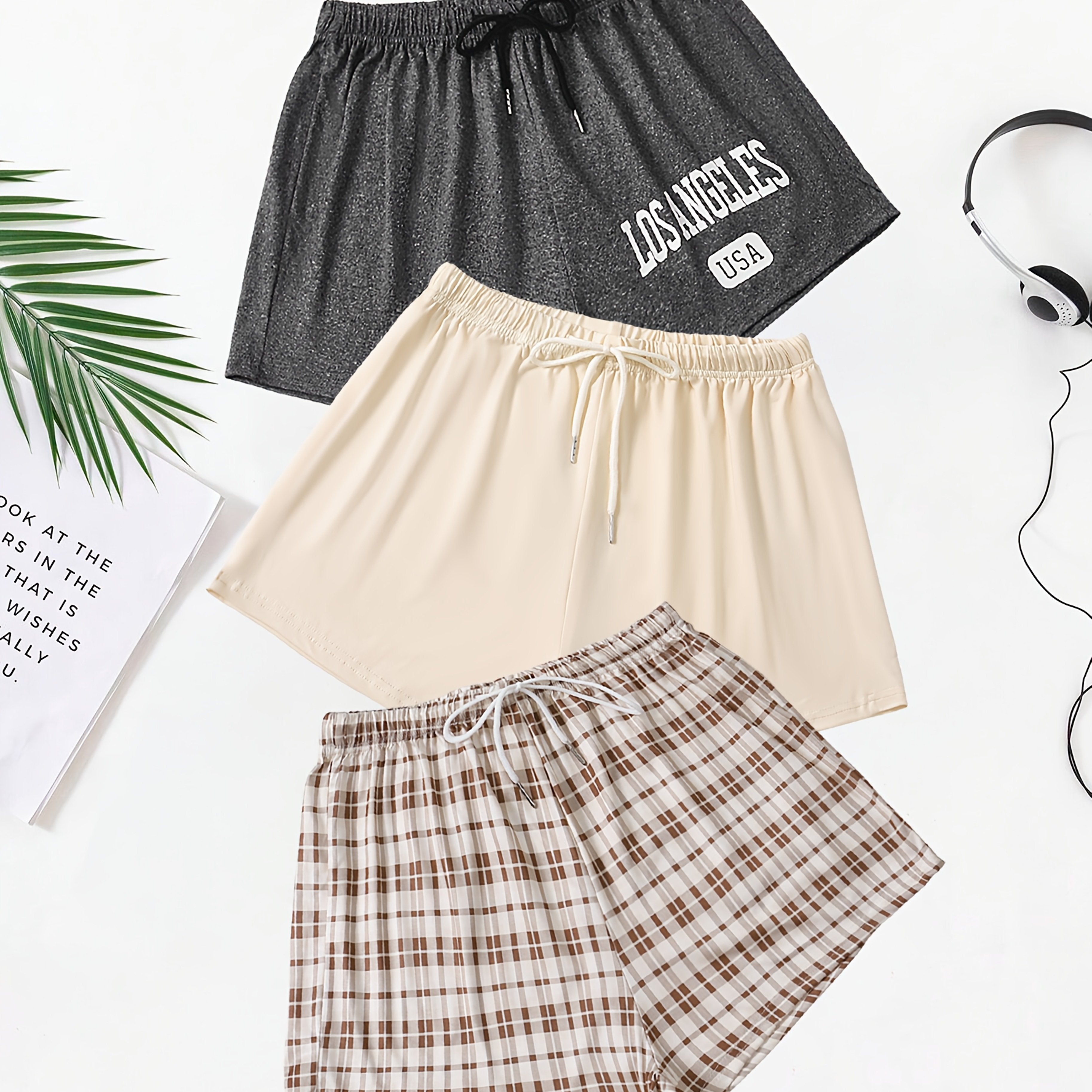 Conjunto de pantalones cortos de descanso para mujer con estampado de cuadros y letras, con cordón elástico, conjunto de ropa de descanso casual de 3 piezas