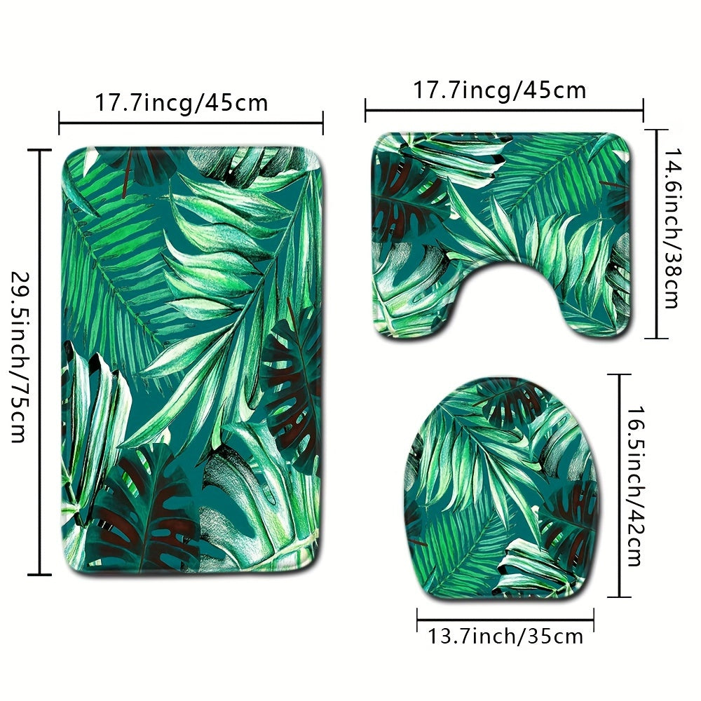Set of 3 Green Leaf Pattern Bathroom Mats Water Absorbent Non-slip Machine Washable