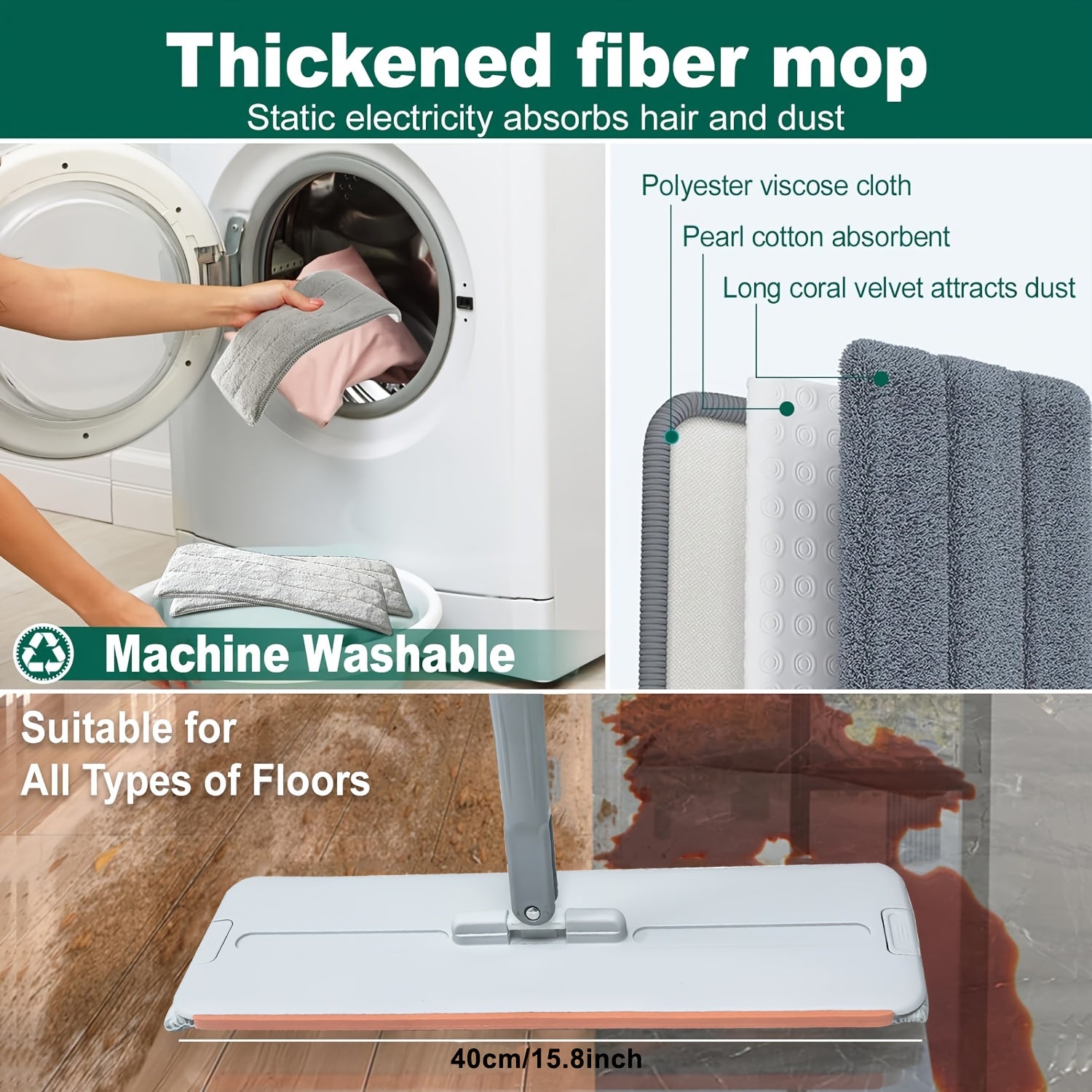Yassi mop va kova to'plami, Wringer bilan, 132cm tutqich, qayta ishlatiladigan mikrotoʻlqinli padlar
