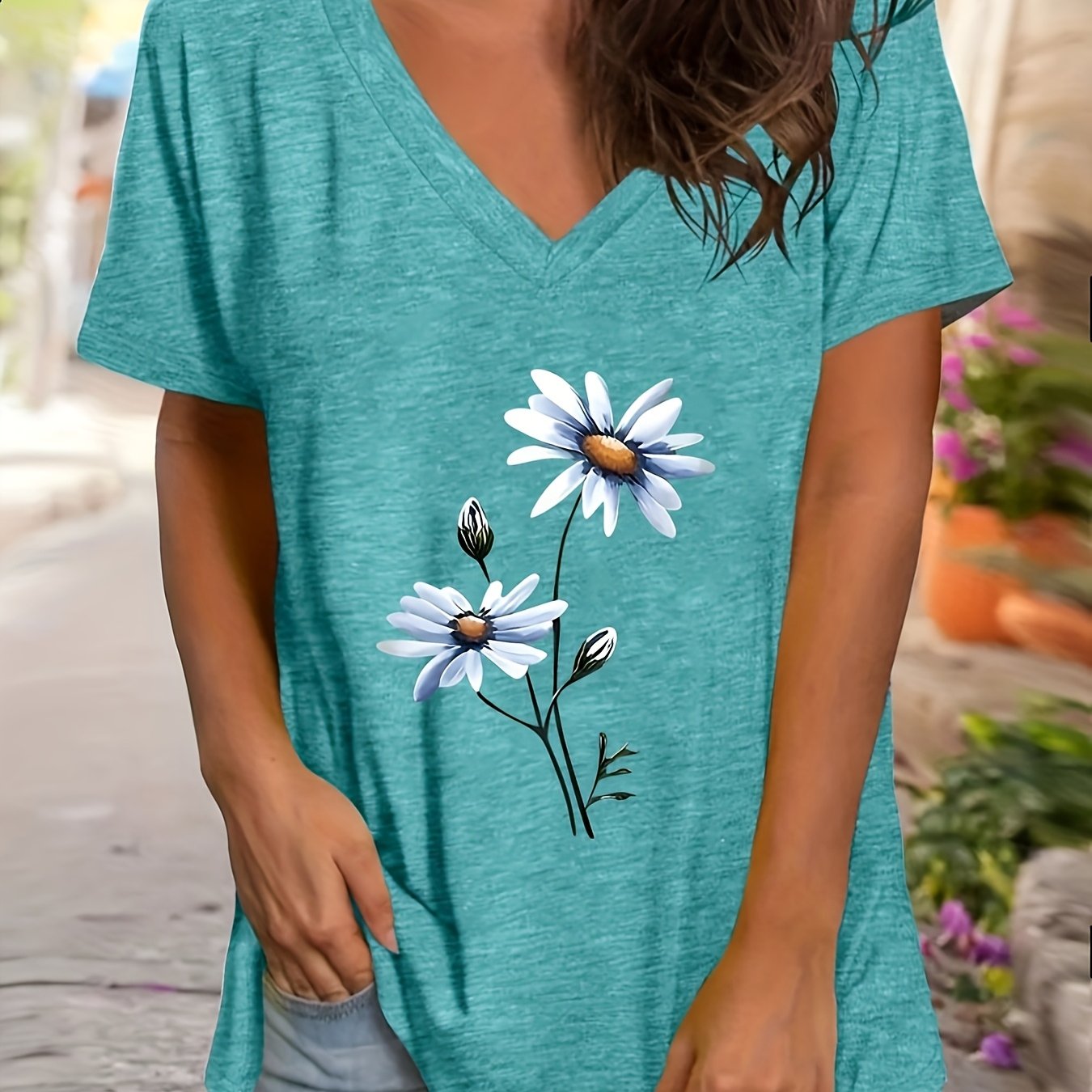 Women's V-Neck Short Sleeve T-Shirt Floral Print Lightweight Polyester Summer Teal