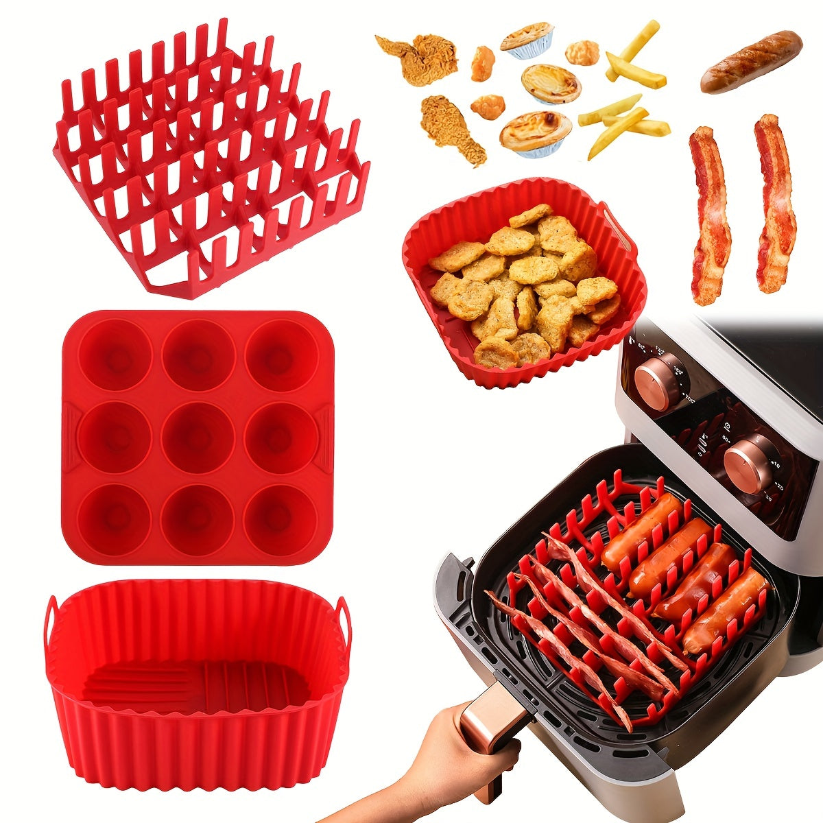 Square Air Fryer Silicone Set with Bacon Rack Cake Mold and Pan for 7QT+