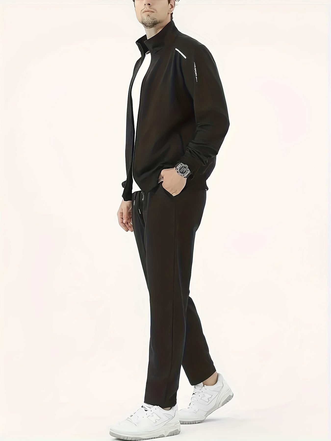 Men's Casual 2-Piece Outfit Fall Winter Solid Color Zip Jacket Drawstring Pants