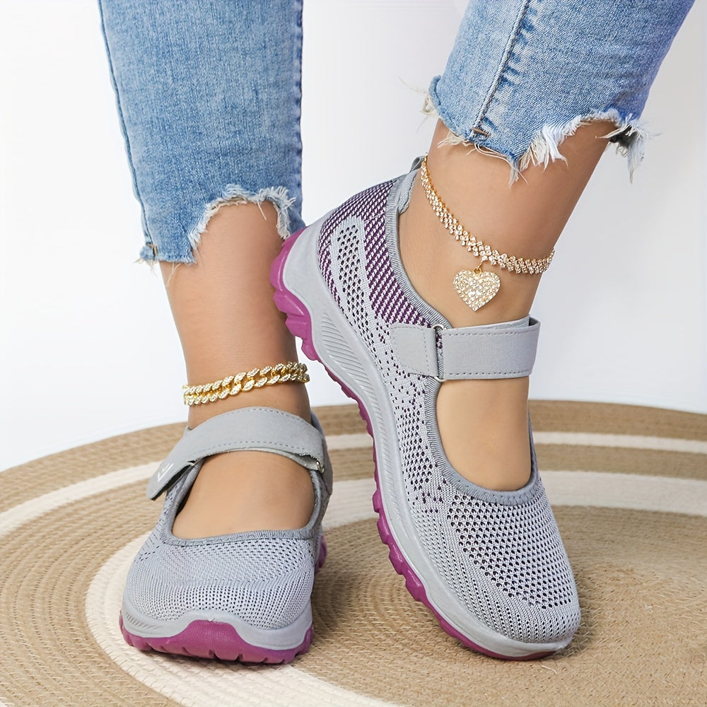 Women's Breathable Knit Sneakers Casual Low-Top Running Shoes with Hook-and-Loop