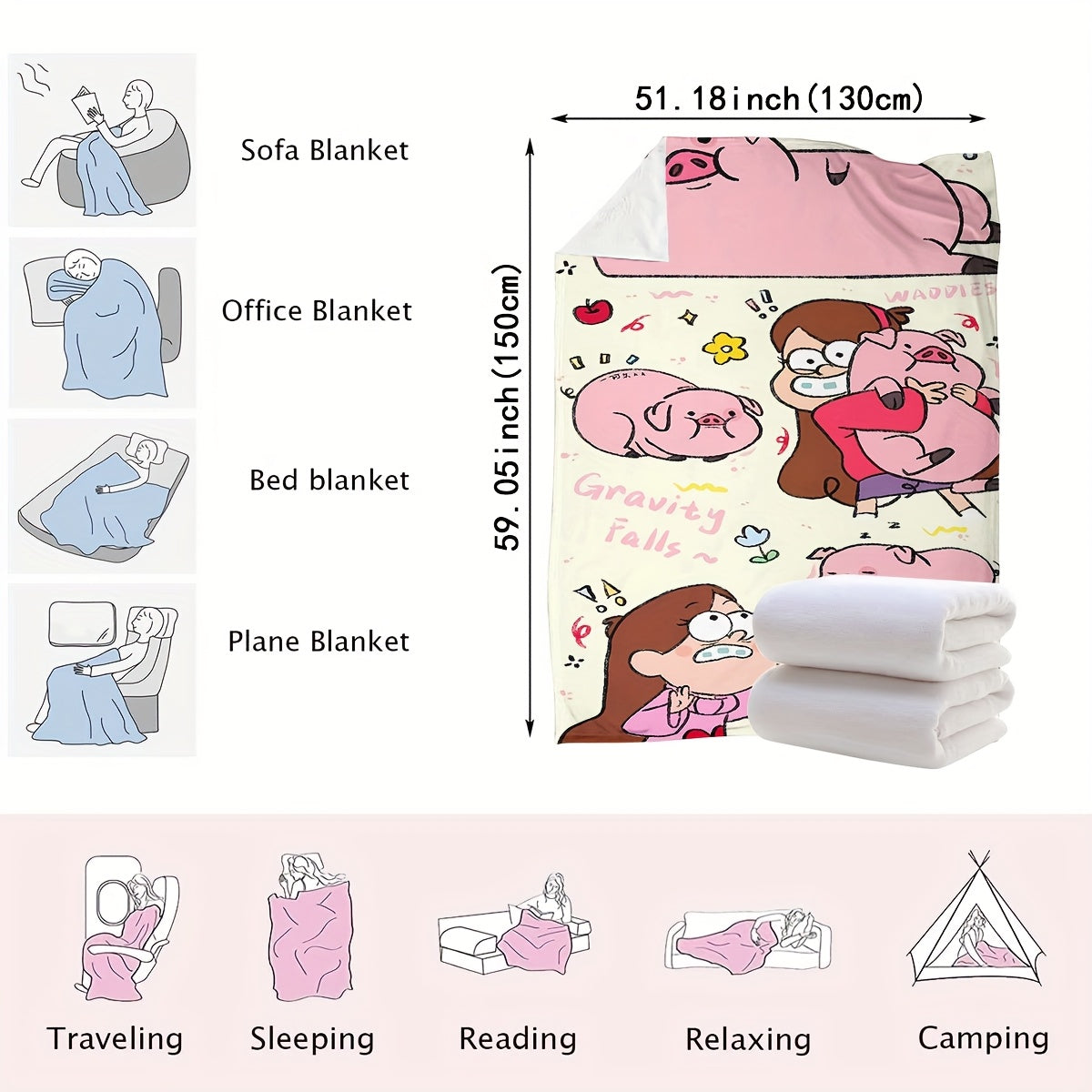 Knitted Throw Blanket with Gravity Falls Pig and Girl Print for All-Season Home Decor