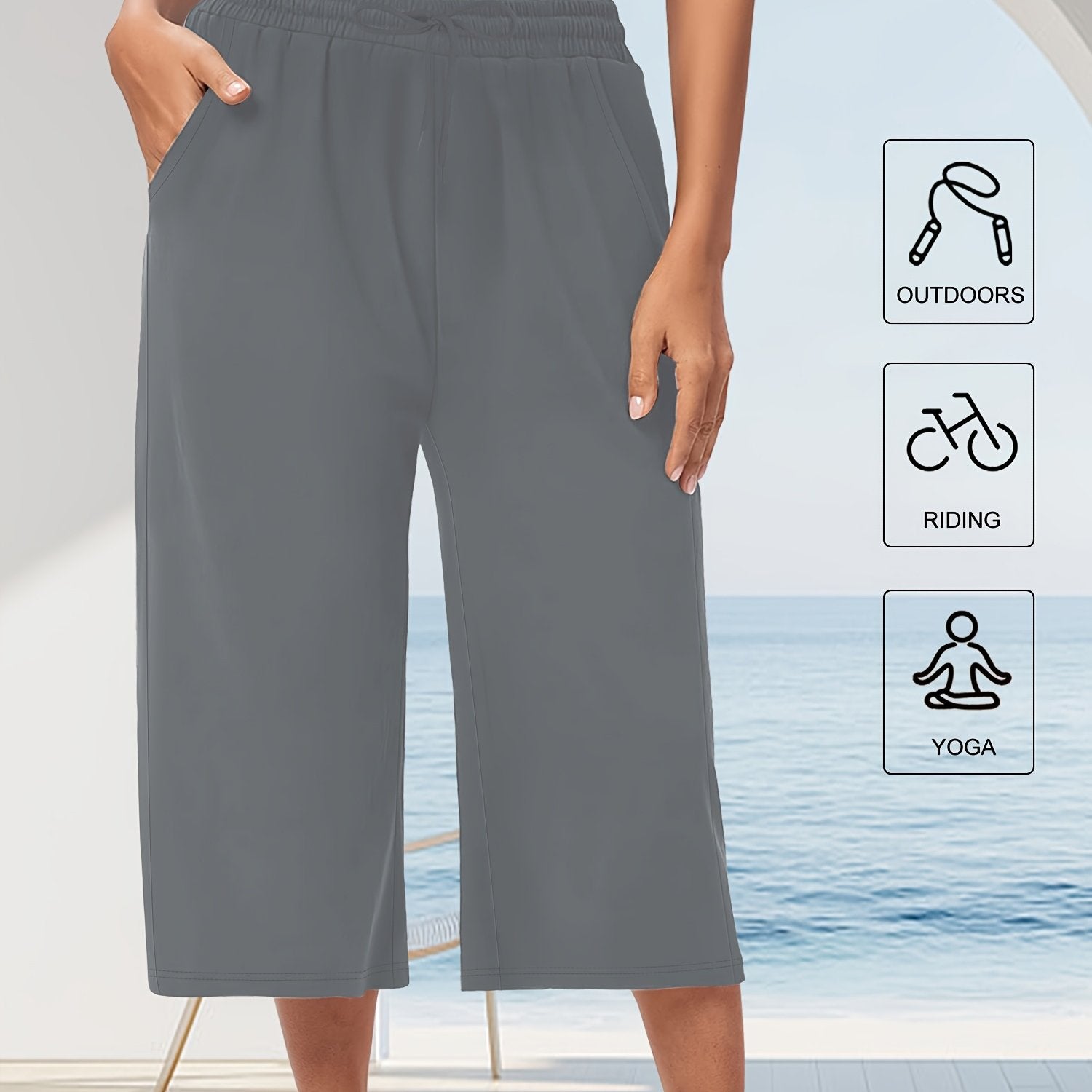 Pantalones capri de tiro alto y gran elasticidad de talla grande con bolsillos para yoga y casual