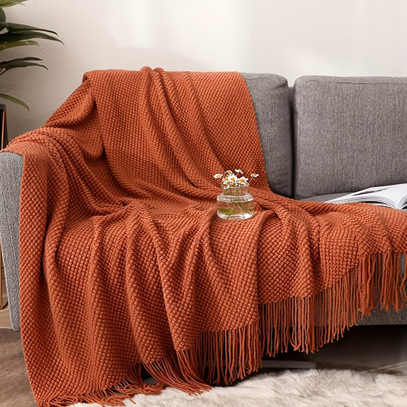 Orange Tassel Knitted Throw Blanket Soft Warm Couch Sofa Bed Travel