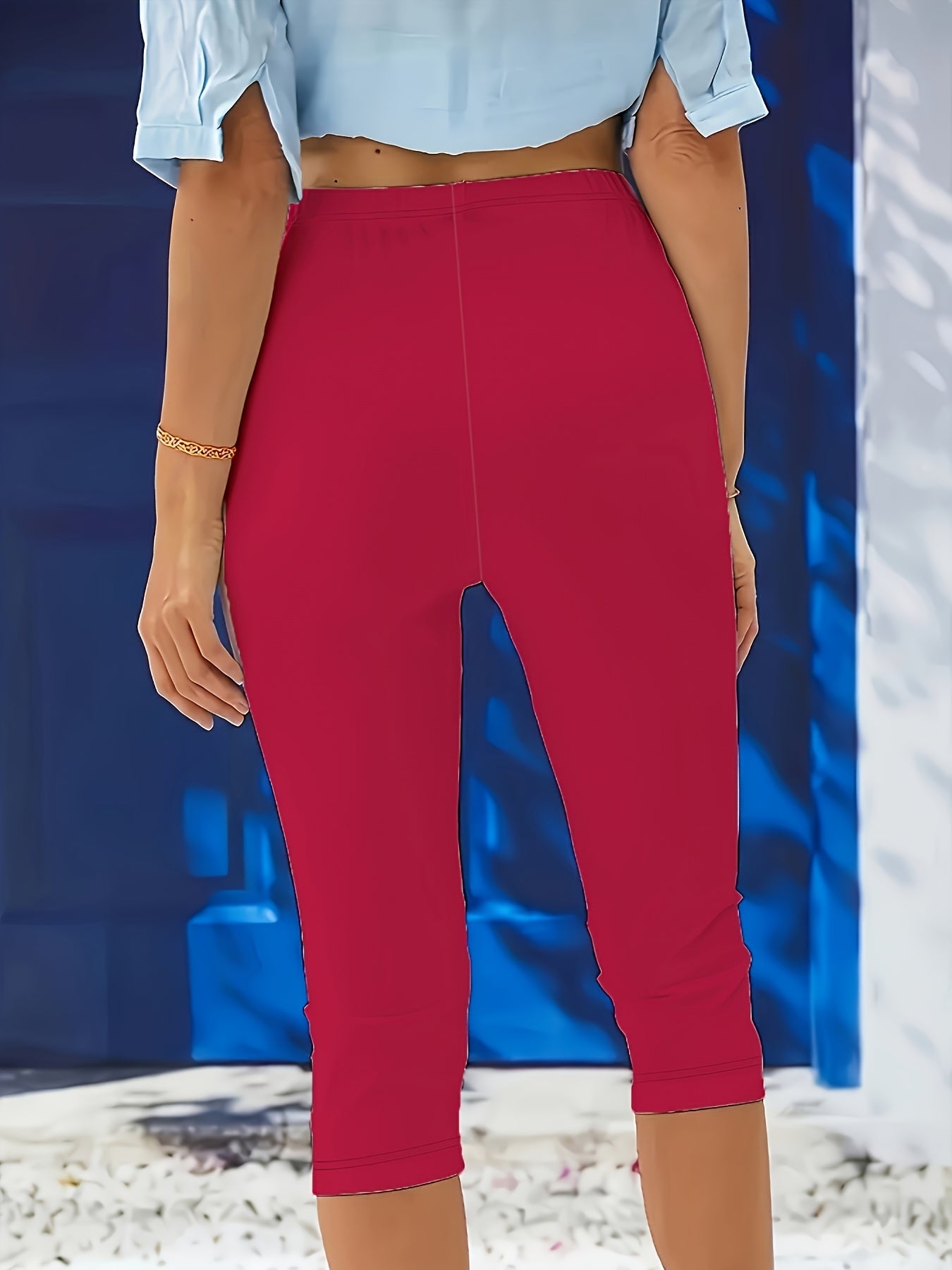 Plus Size Women's Stretchy High-Waisted Capri Leggings Solid Color Casual Pants