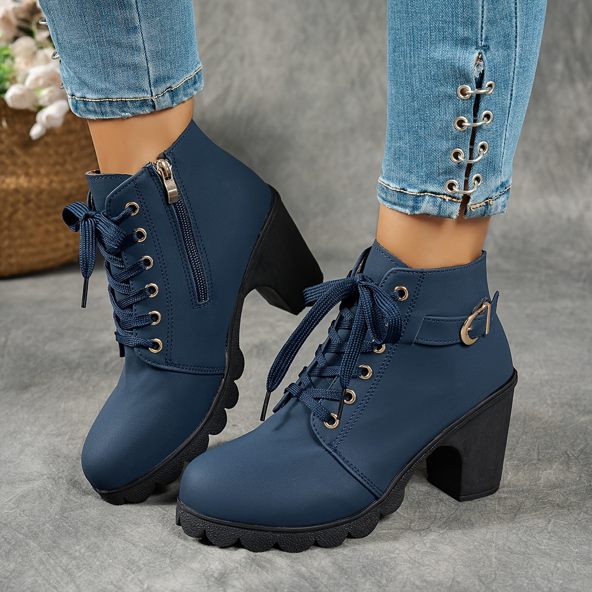 Women's Ankle Boots Faux Cover Side Zipper Chunky Heel All-Season Casual