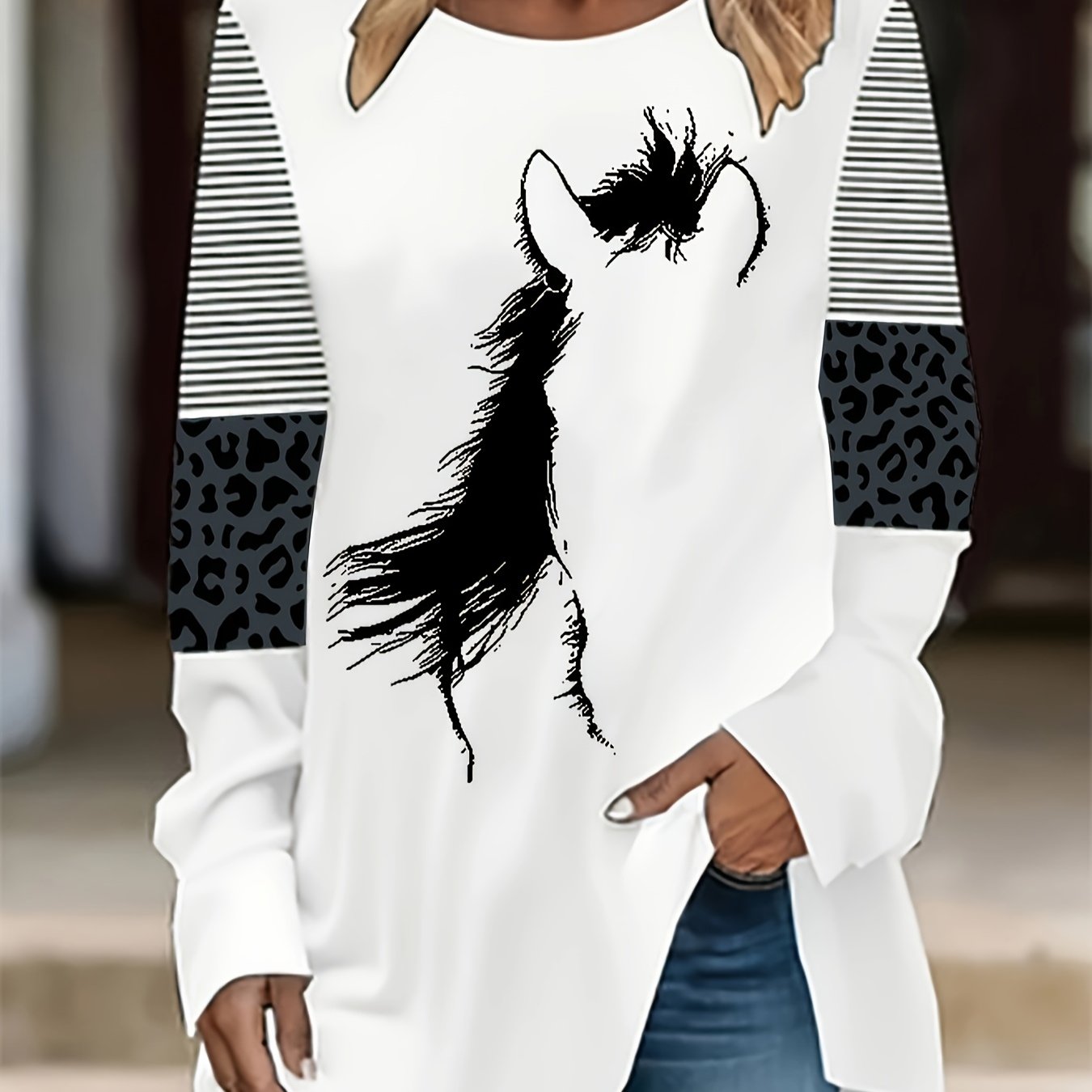 Plus Size Women's Cotton Long Sleeve T-Shirt Heart and Zebra Print White Black Brown
