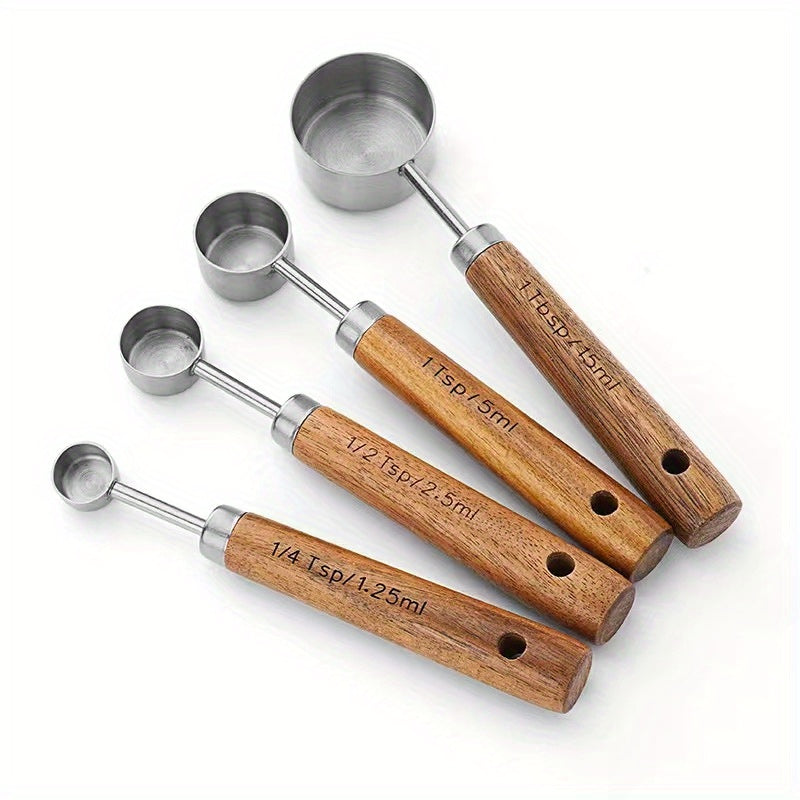 Juego de 4 tazas y cucharas medidoras de acero inoxidable con mangos de madera