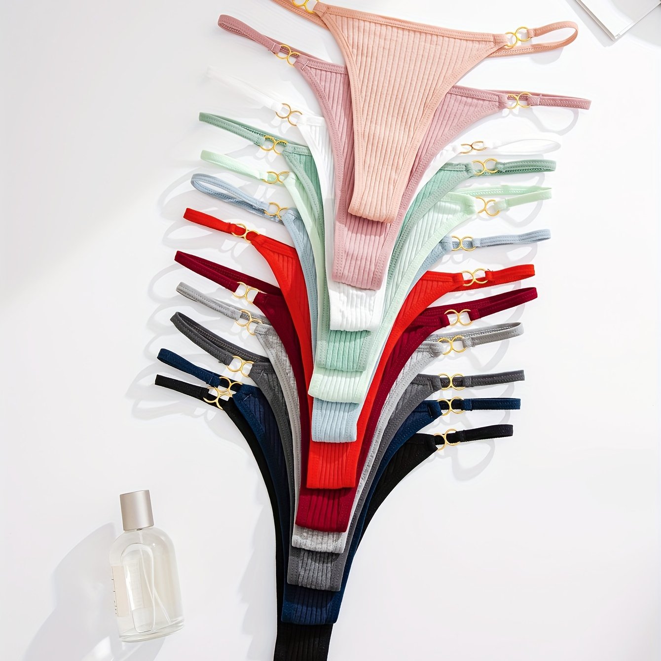 12 Pcs Women's Ribbed Low Waist Thongs with Ring-Linked V-Strings Sexy Lingerie