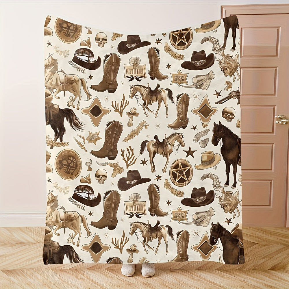 Quilted Vintage Western Cowboy Flannel Throw Blanket for All-Season Comfort