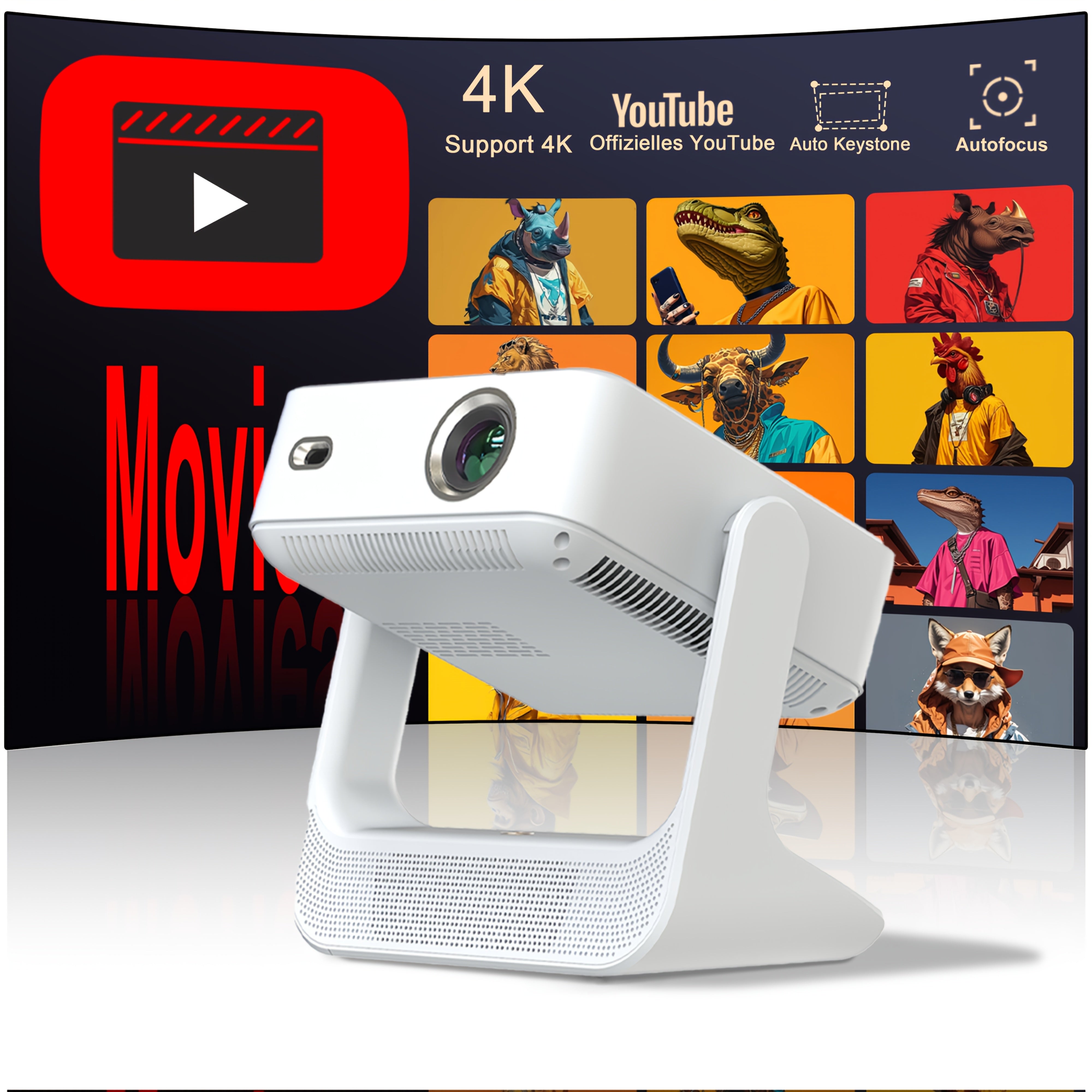 Smart 4K Video Projector with Touchscreen, 1080P, WiFi 6, Autofocus