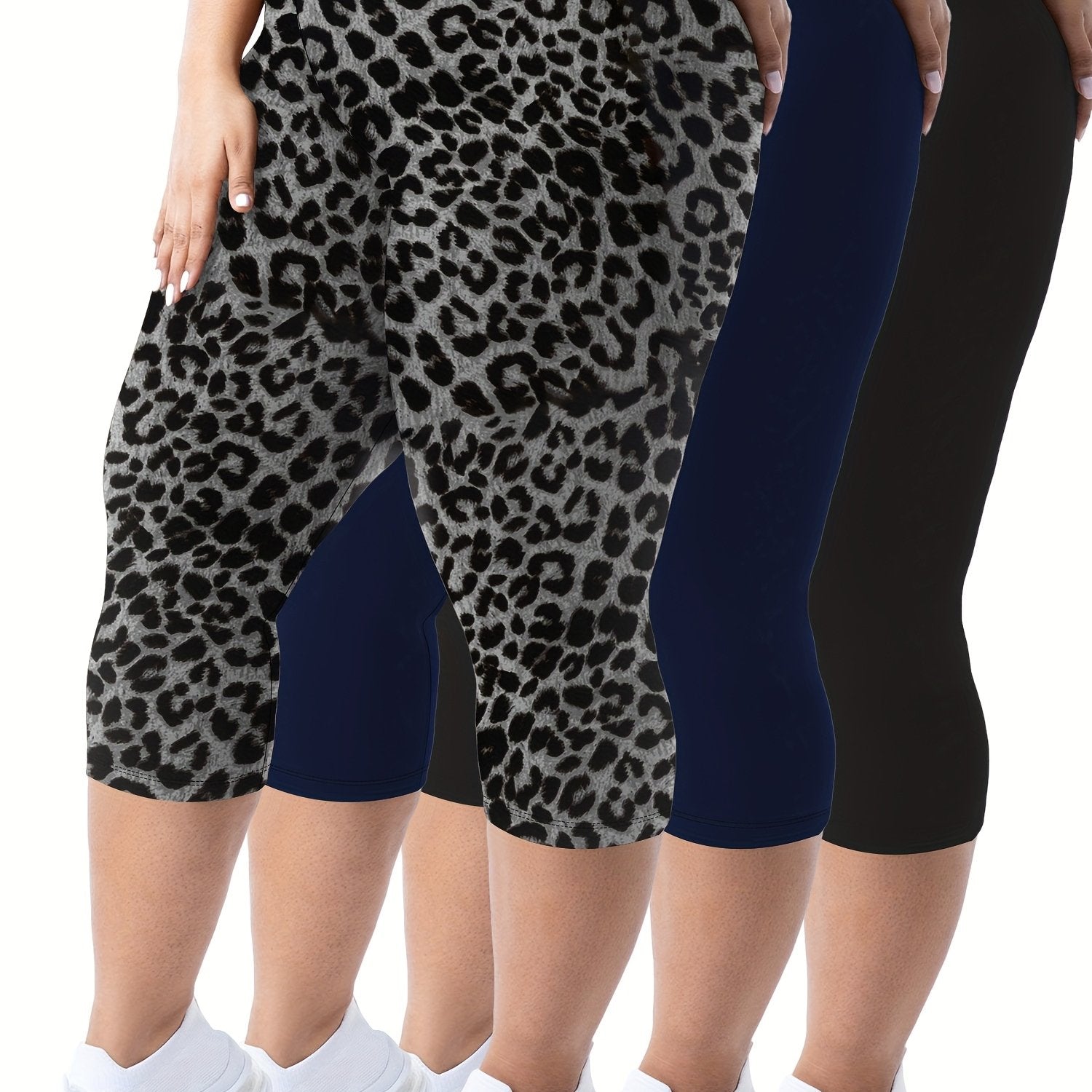 Plus Size Women's High-Waist Capri Leggings Solid Color Stretchy Casual