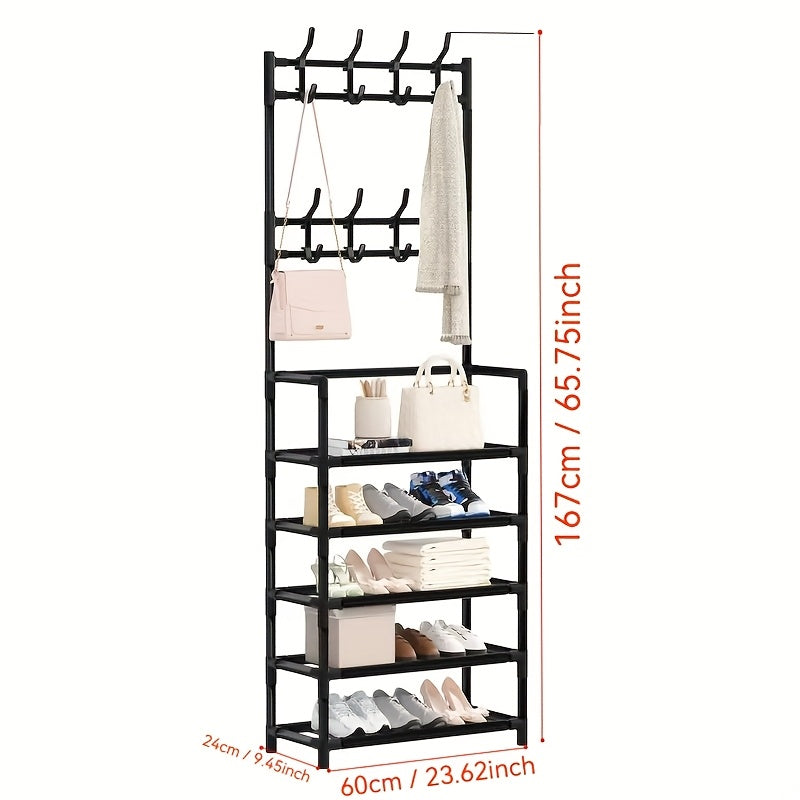 3-in-1 Metal Coat Rack Shoe Storage Stool Entryway Hall Tree with 8 Hooks and Shoe Rack