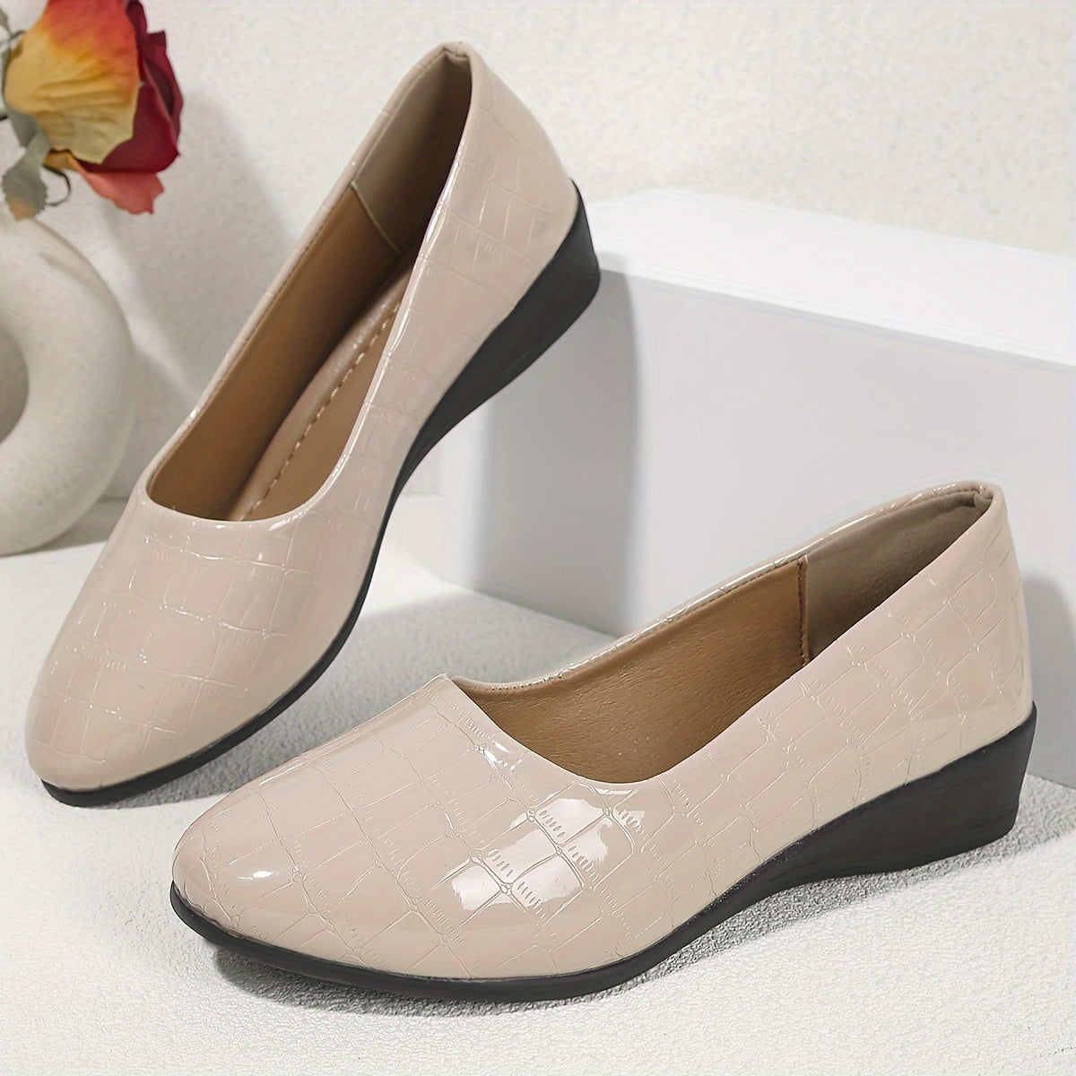 Women's Beige Crocodile-Embossed Wedge Heels Slip-On Comfort Shoes