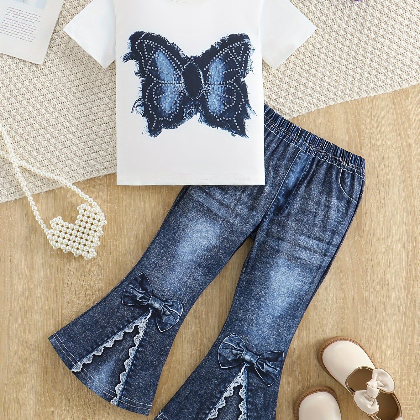 Kids' Casual Set Short Sleeve Top and Split Denim Micro Bell Pants Polyester Animal Pattern