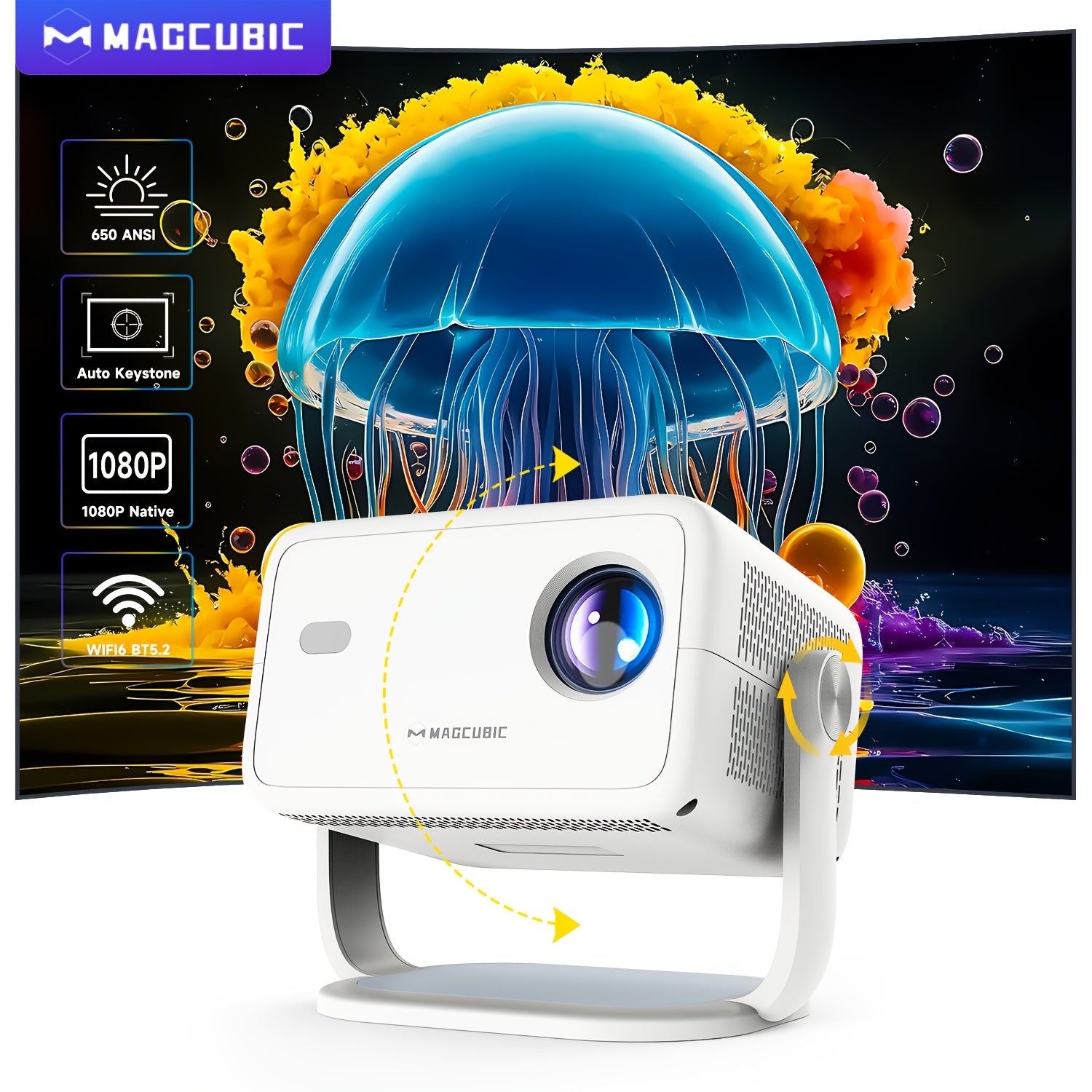 Portable 4K Android 11 Projector with Wi-Fi 6 1080P 650ANSI 360° Correction