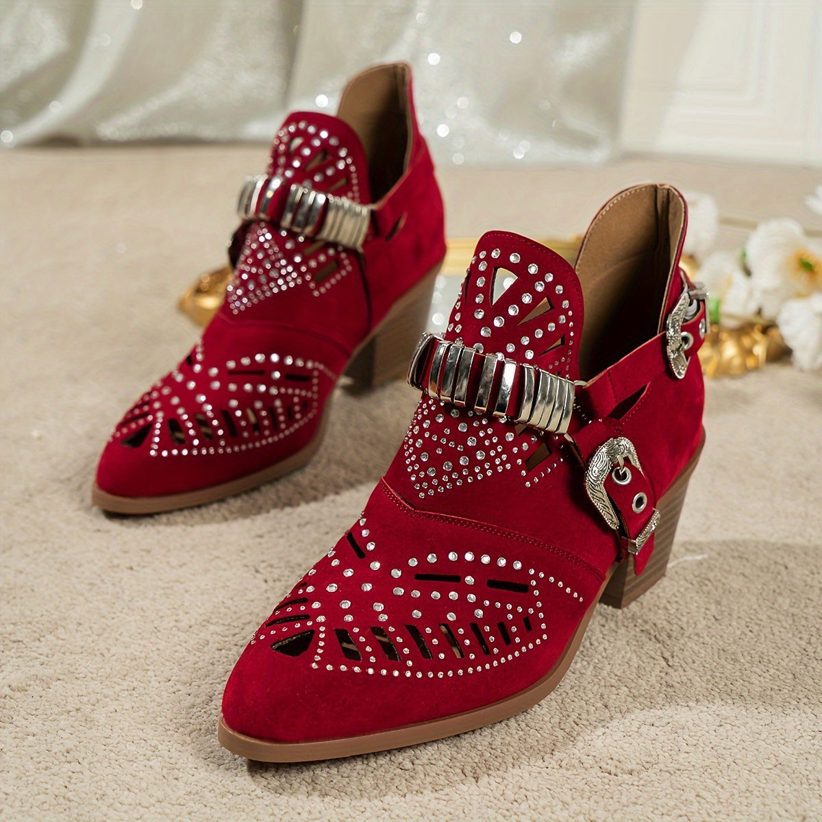 Women’s Rhinestone Embellished Ankle Boots with Geometric Pattern and Block Heel