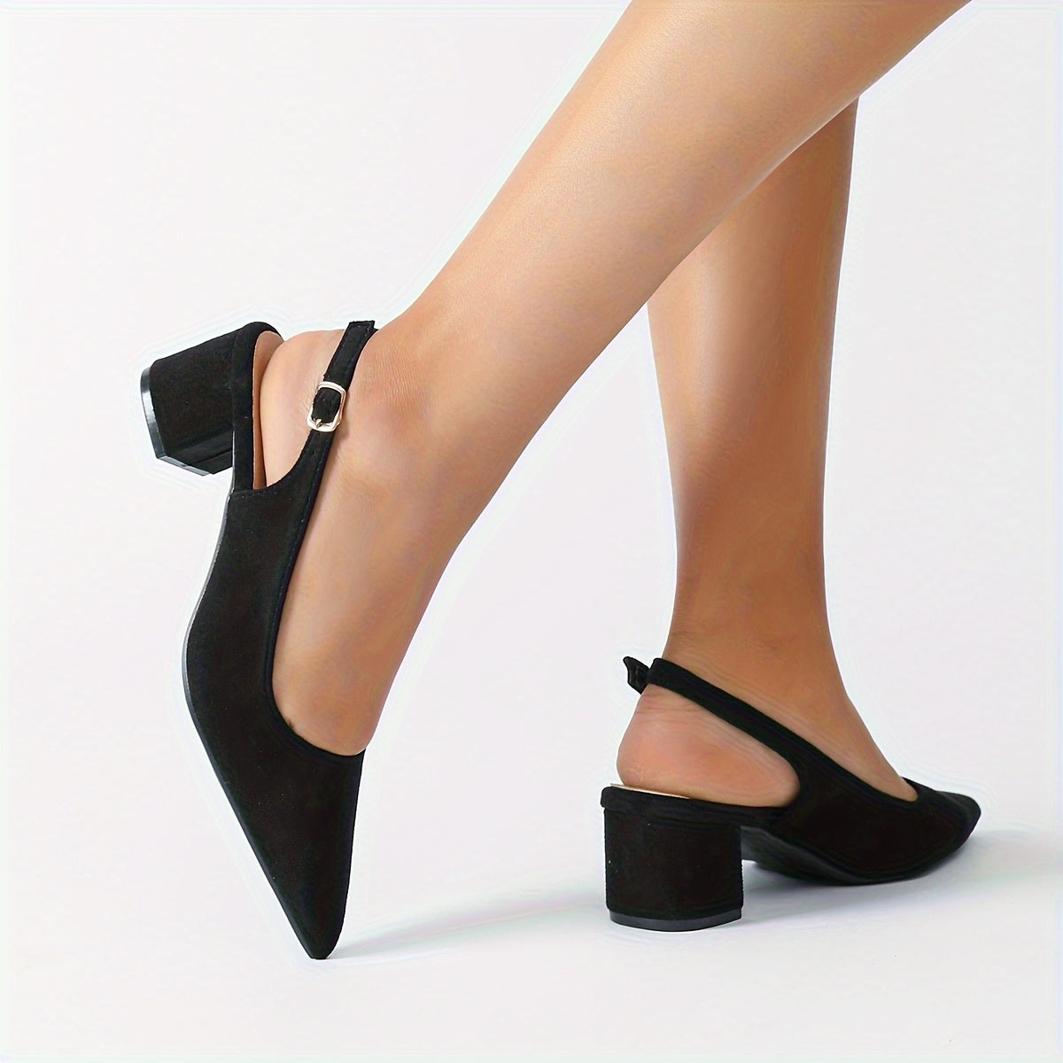 Women's Black Velvet Pointed Toe Pumps with Ankle Strap and Mid Heel