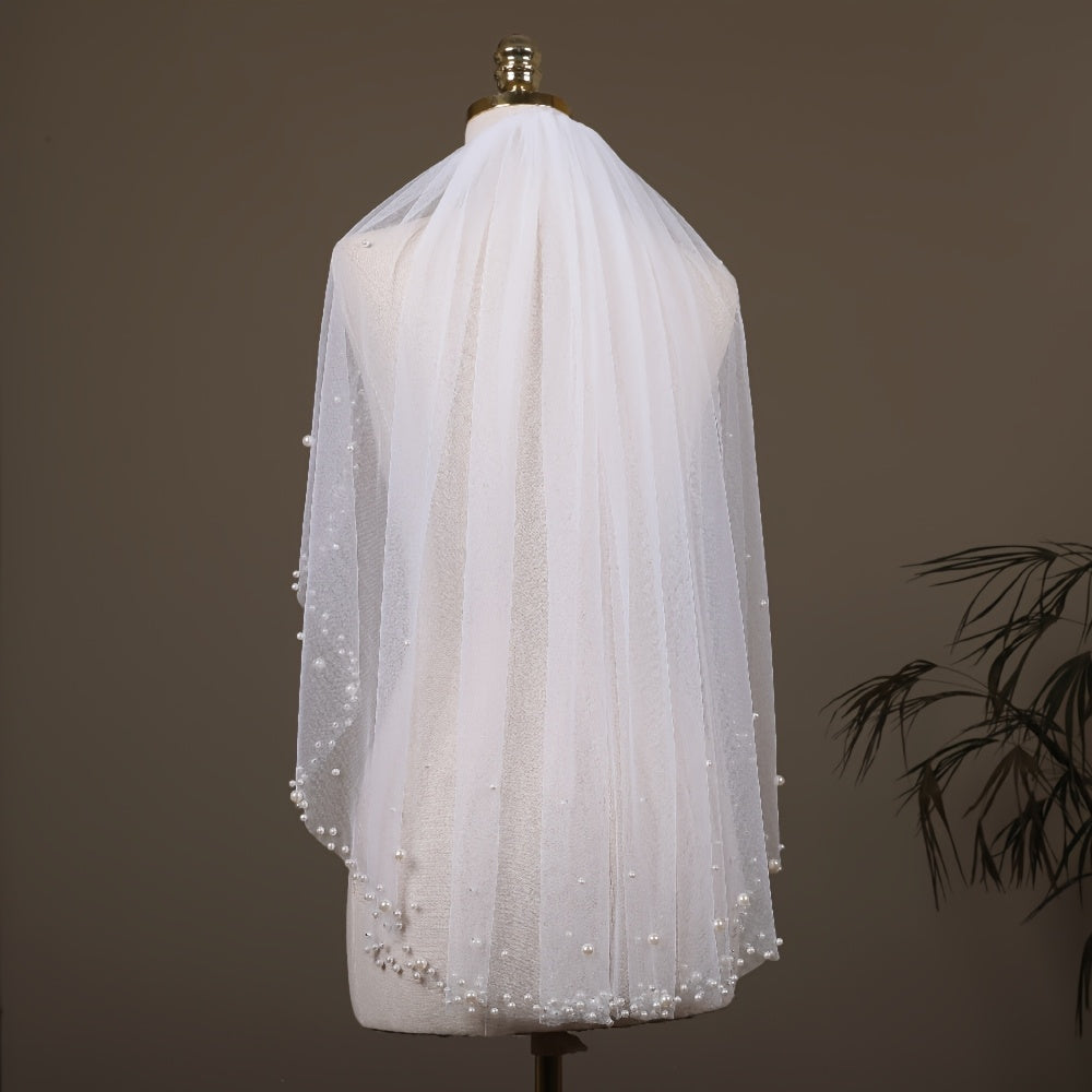 Beaded Wedding Veil with Pearls for Brides Elegant Bridal Accessory