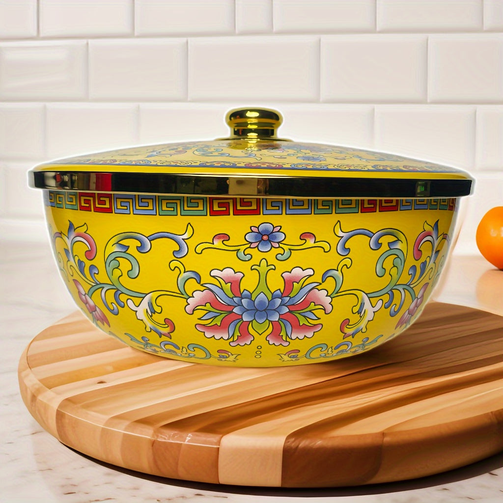 Enamel Mixing Bowl with Lid, Large Salad Basin for Kitchen and Dining