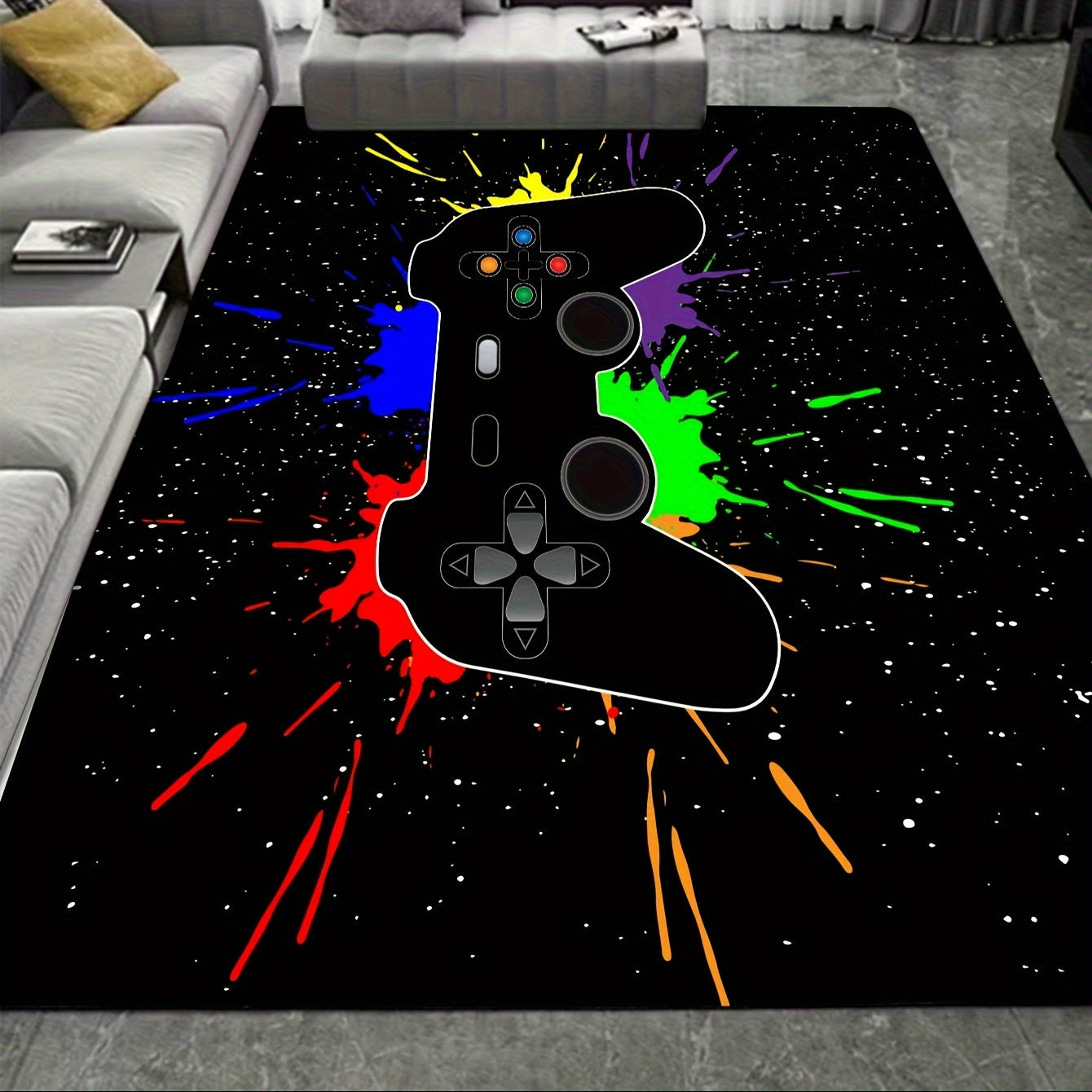 Gaming Area Rug with Gamepad Theme, Washable, Cyberpunk Style for Living Room