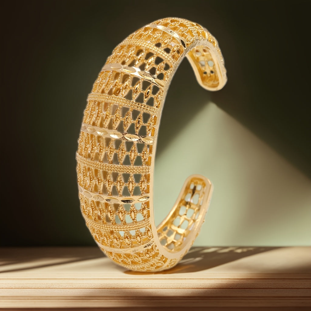 Boho Style Zinc Alloy Open Cuff Bracelet with Middle Eastern 3D Carved Hollow Design for Women
