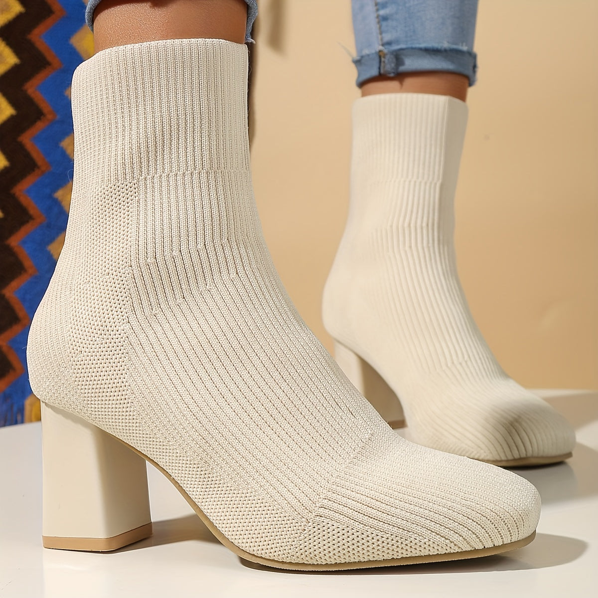 Women's Solid Color Slip On Casual Chunky Heel Mid Calf Boots