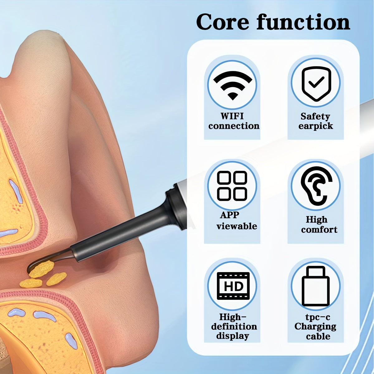 Vizual ko'rsatkichli simsiz quloq mumini tozalovchi, USB orqali zaryadlanadigan, uyda foydalanish uchun ixcham dizayn. Tozalash to'plami va pinsetni o'z ichiga oladi. Ideal ta'til sovg'asi, zamonaviy tozalovchi.