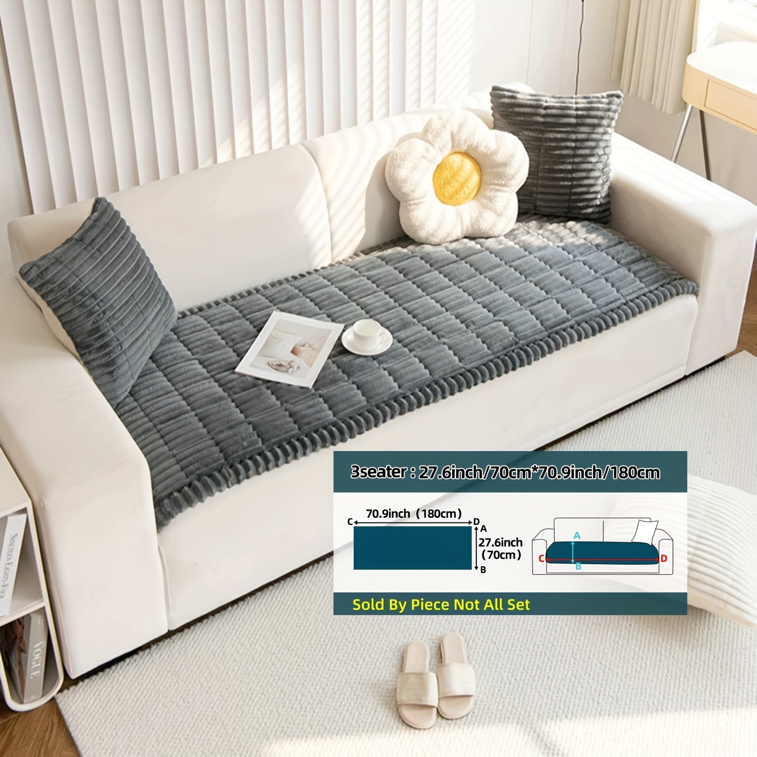 Boho Style Quilted Short Plush Sofa Cover with Ruffle Design Non-Slip Pet Friendly Machine Washable