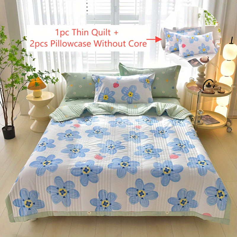 Floral Printed Quilt Set for All Seasons with Pillowcases for Single Double Bed Sofa Guest Room Home