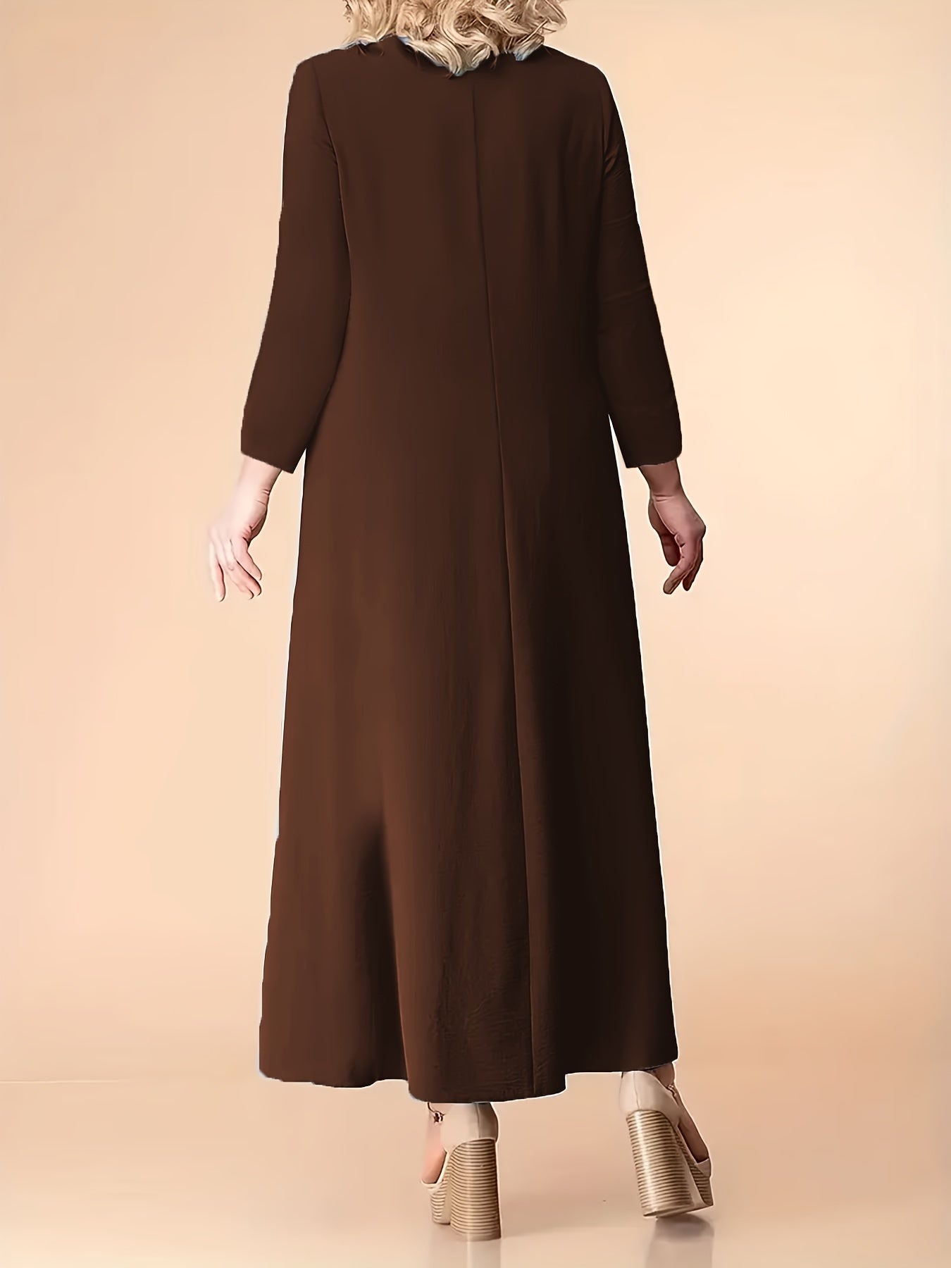 Платье макси красного цвета для полных женщин с длинными рукавами, карманами, плиссировкой и эластичным полиэстером